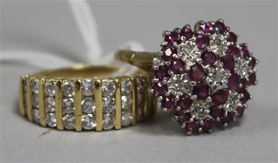 A gold and three row diamond half hoop ring and a 9ct gold ruby cluster dress ring.